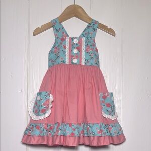 RICRAC & RUFFLES NWOT Rose Ruffle Pocket Front Crossback Dress